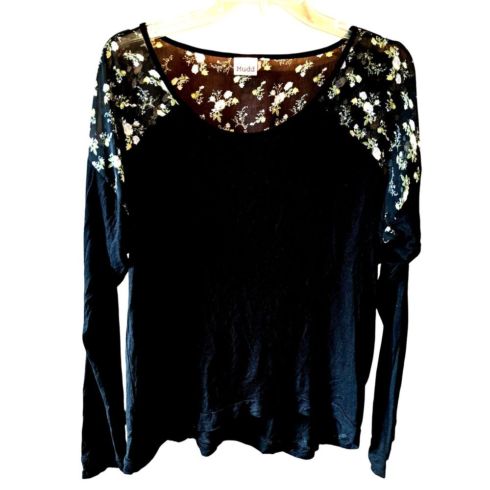 Mudd Long Sleeve Top Black & Floral Sheer Inserts L/S Y2K Whimsigoth Romantic L